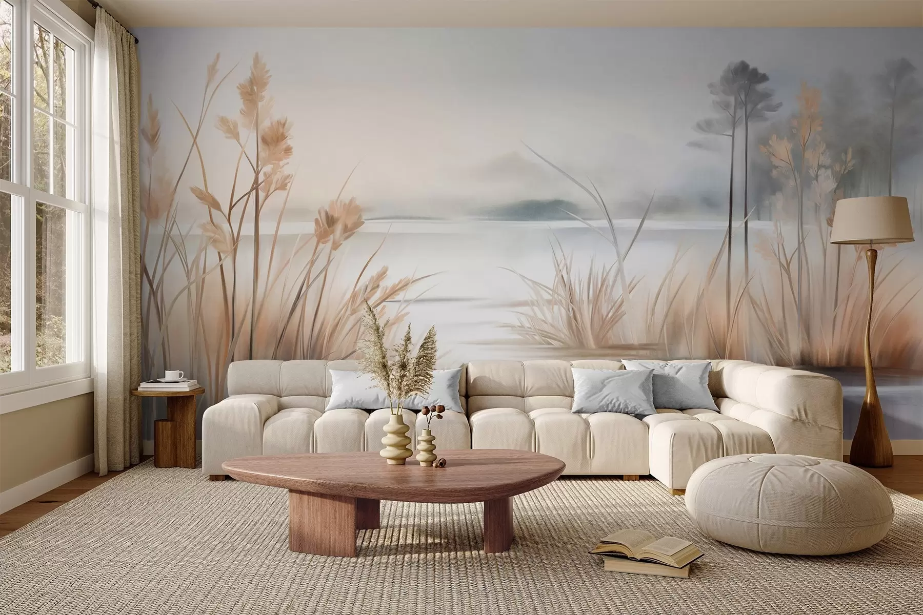 wall murals Landscape with a lake and tall grass in the foreground, mountains in the background, soft colors, textured w09534