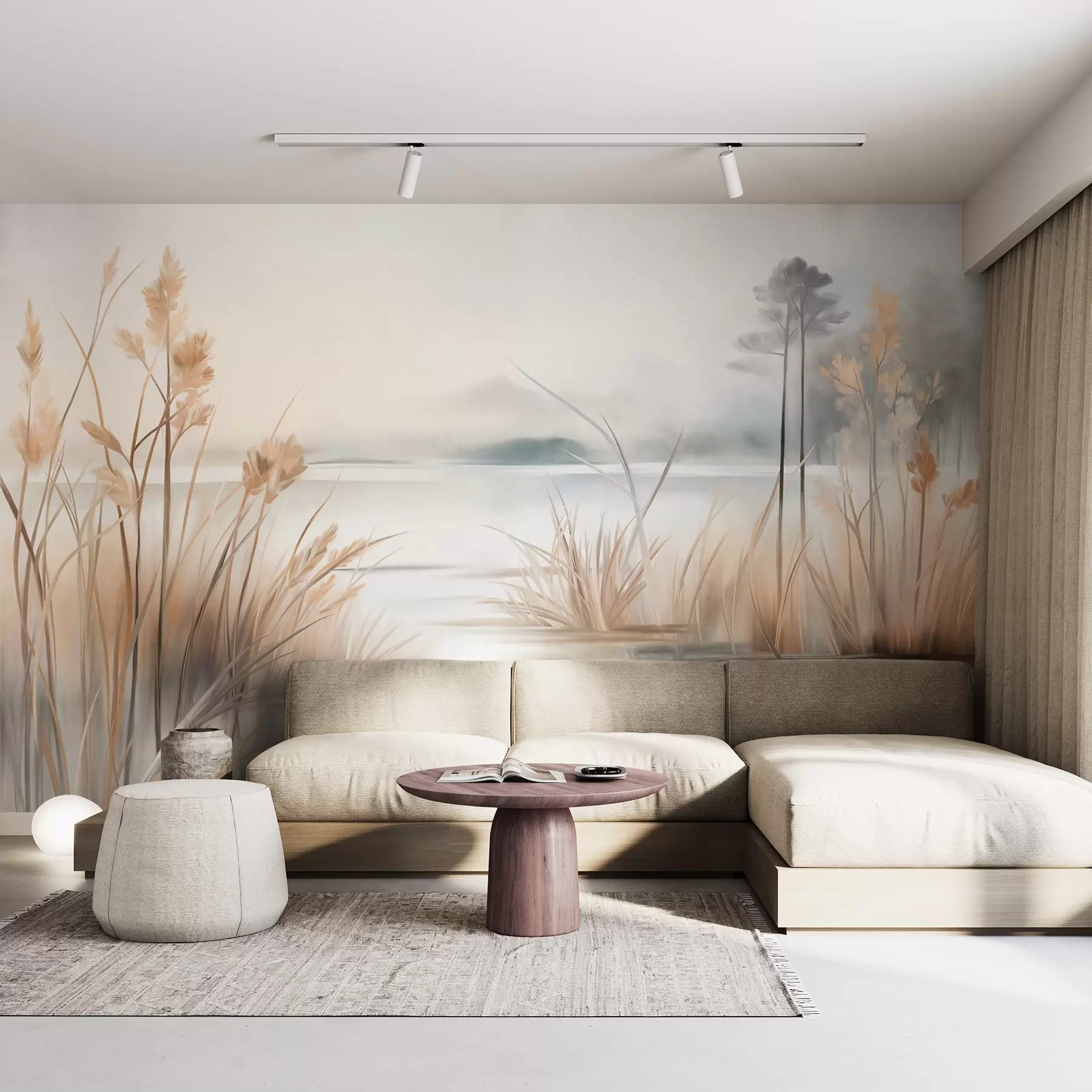 wall murals Landscape with a lake and tall grass in the foreground, mountains in the background, soft colors, textured w09534
