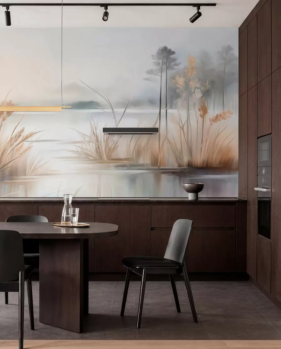 wall murals Landscape with a lake and tall grass in the foreground, mountains in the background, soft colors, textured w09534