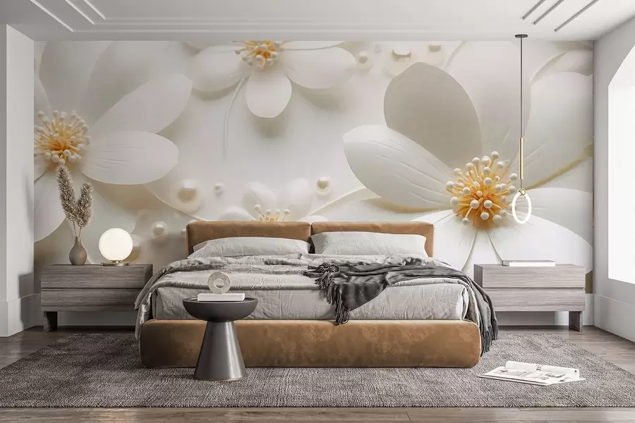 wall murals White flowers with pearls scattered on a white background, elegant and minimalist design, textured w09535