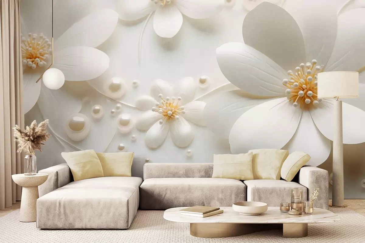 wall murals White flowers with pearls scattered on a white background, elegant and minimalist design, textured w09535