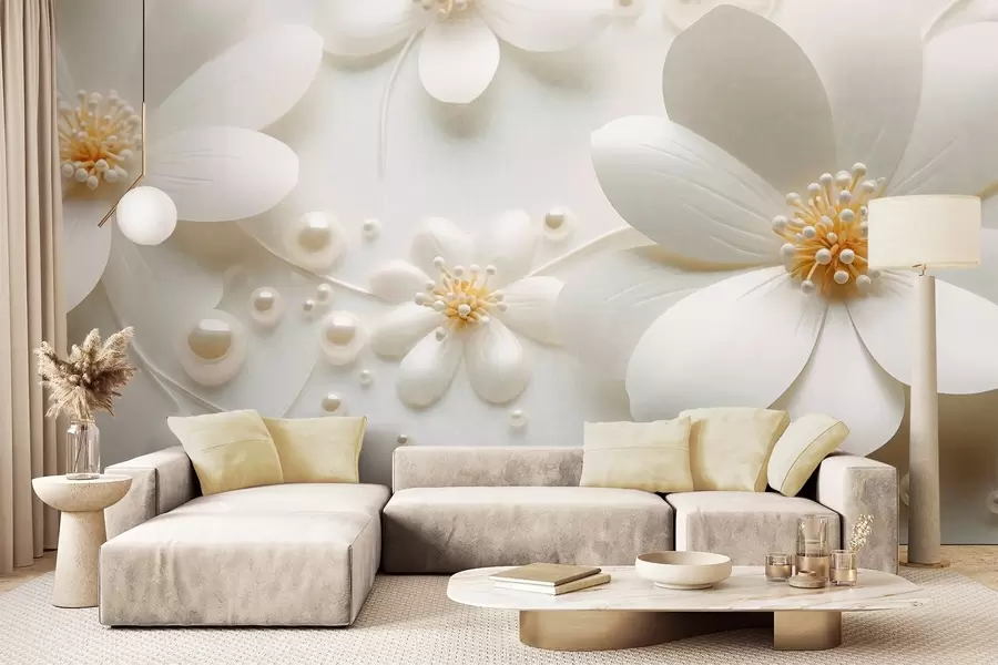 wall murals White flowers with pearls scattered on a white background, elegant and minimalist design, textured w09535