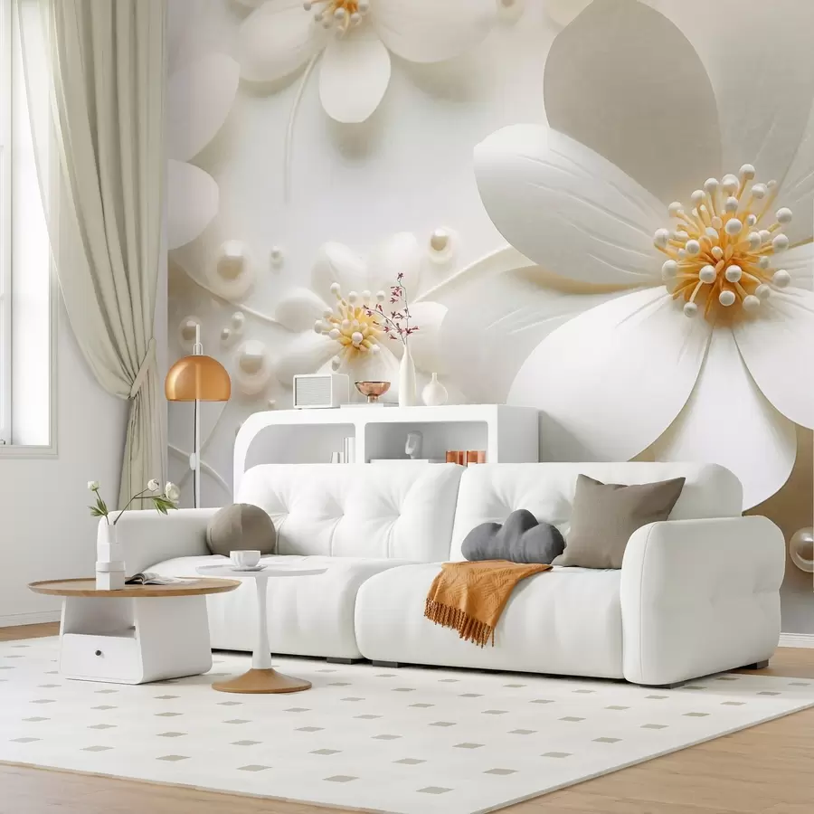 wall murals White flowers with pearls scattered on a white background, elegant and minimalist design, textured w09535