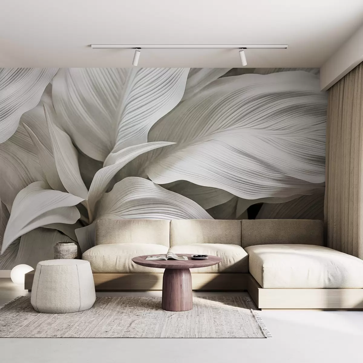 wall murals Large, textured white leaves with prominent veins, overlapping and creating depth w09536