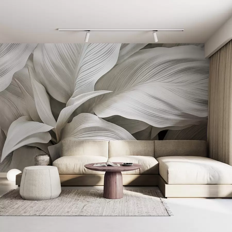 wall murals Large, textured white leaves with prominent veins, overlapping and creating depth w09536