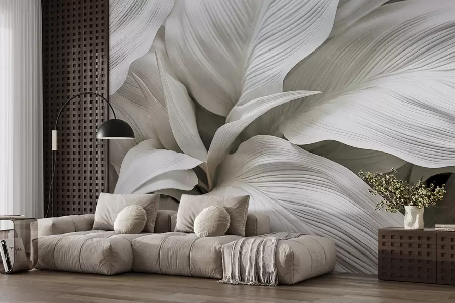 wall murals Large, textured white leaves with prominent veins, overlapping and creating depth w09536