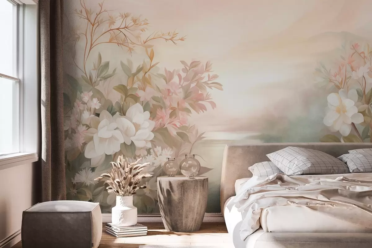 wall murals A landscape with a river surrounded by flowers and plants, soft colors, pink sky, watercolor textured style w09537