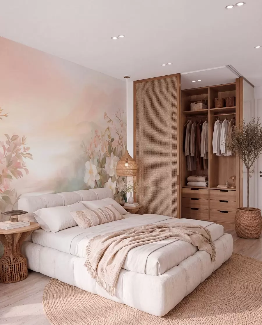 wall murals A landscape with a river surrounded by flowers and plants, soft colors, pink sky, watercolor textured style w09537