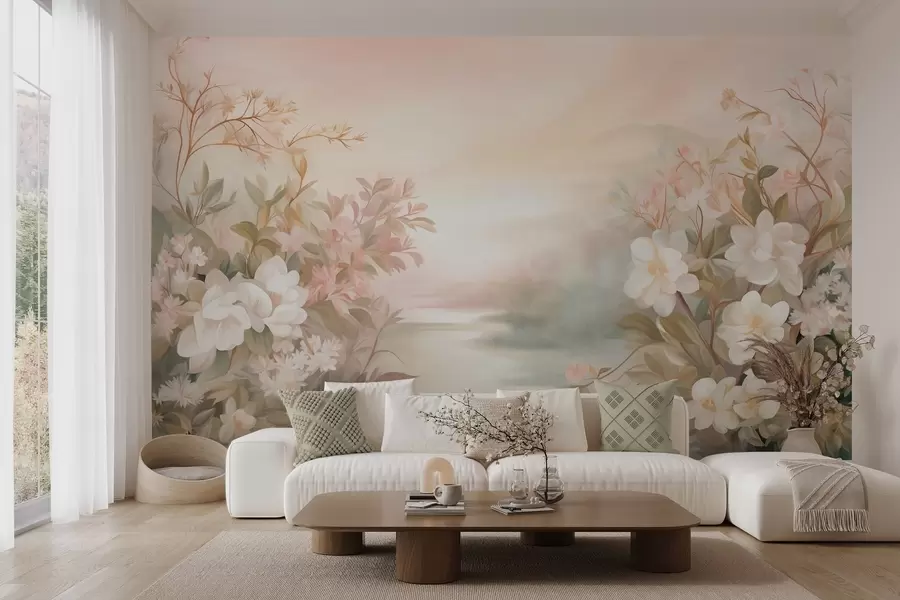 wall murals A landscape with a river surrounded by flowers and plants, soft colors, pink sky, watercolor textured style w09537