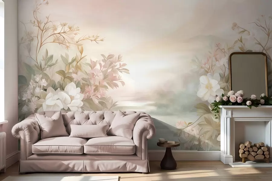 wall murals A landscape with a river surrounded by flowers and plants, soft colors, pink sky, watercolor textured style w09537