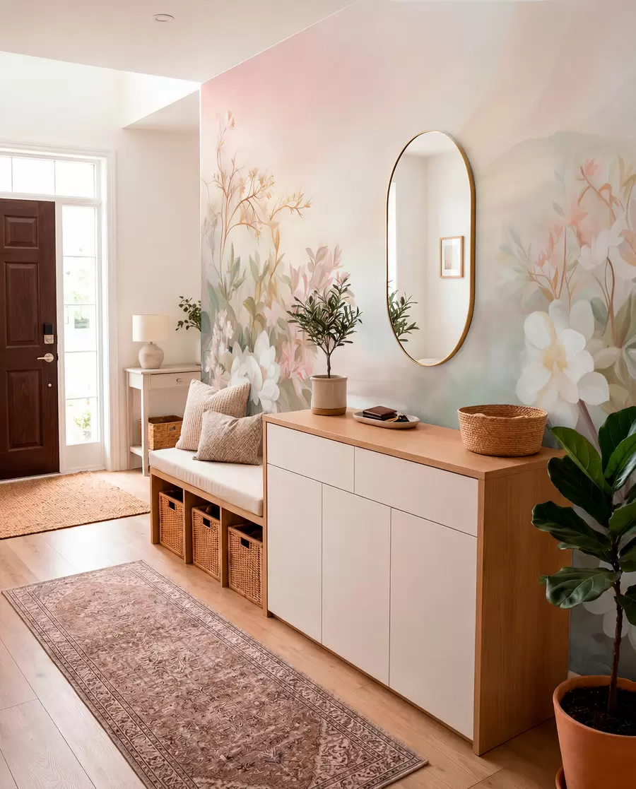 wall murals A landscape with a river surrounded by flowers and plants, soft colors, pink sky, watercolor textured style w09537