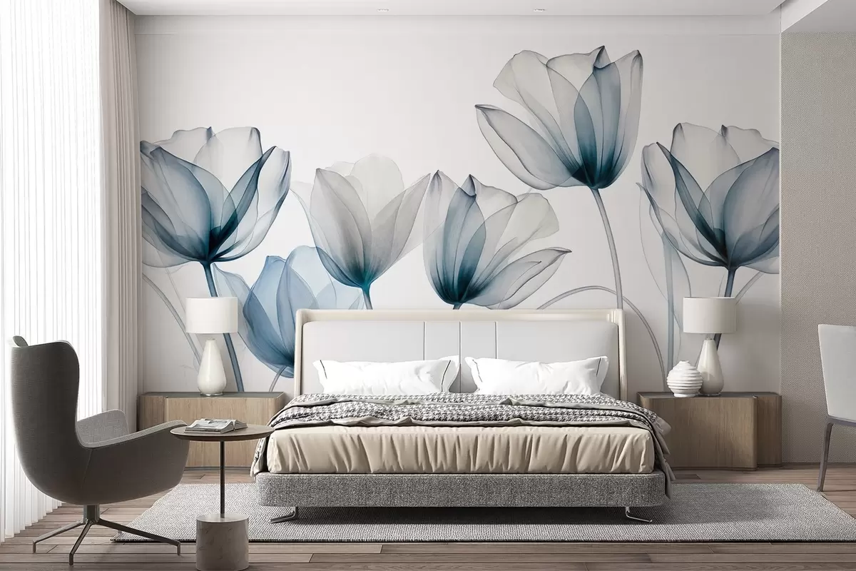 wall murals Translucent blue and white tulip flowers with long stems, against light background, delicate and textured floral art w09538