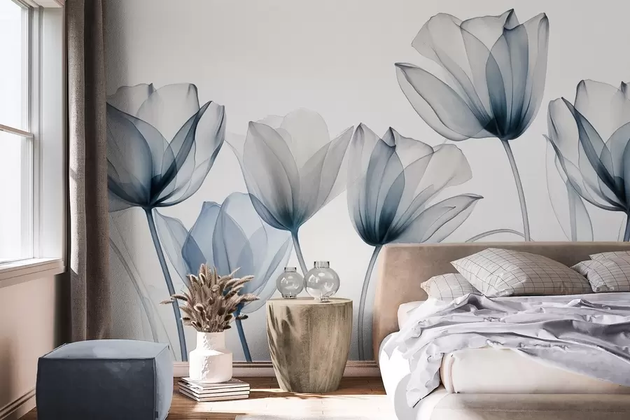 wall murals Translucent blue and white tulip flowers with long stems, against light background, delicate and textured floral art w09538
