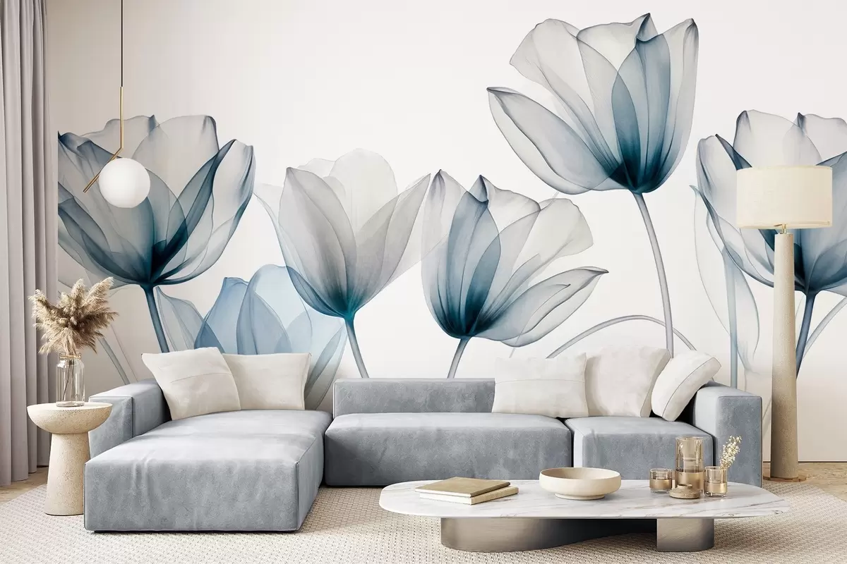 wall murals Translucent blue and white tulip flowers with long stems, against light background, delicate and textured floral art w09538