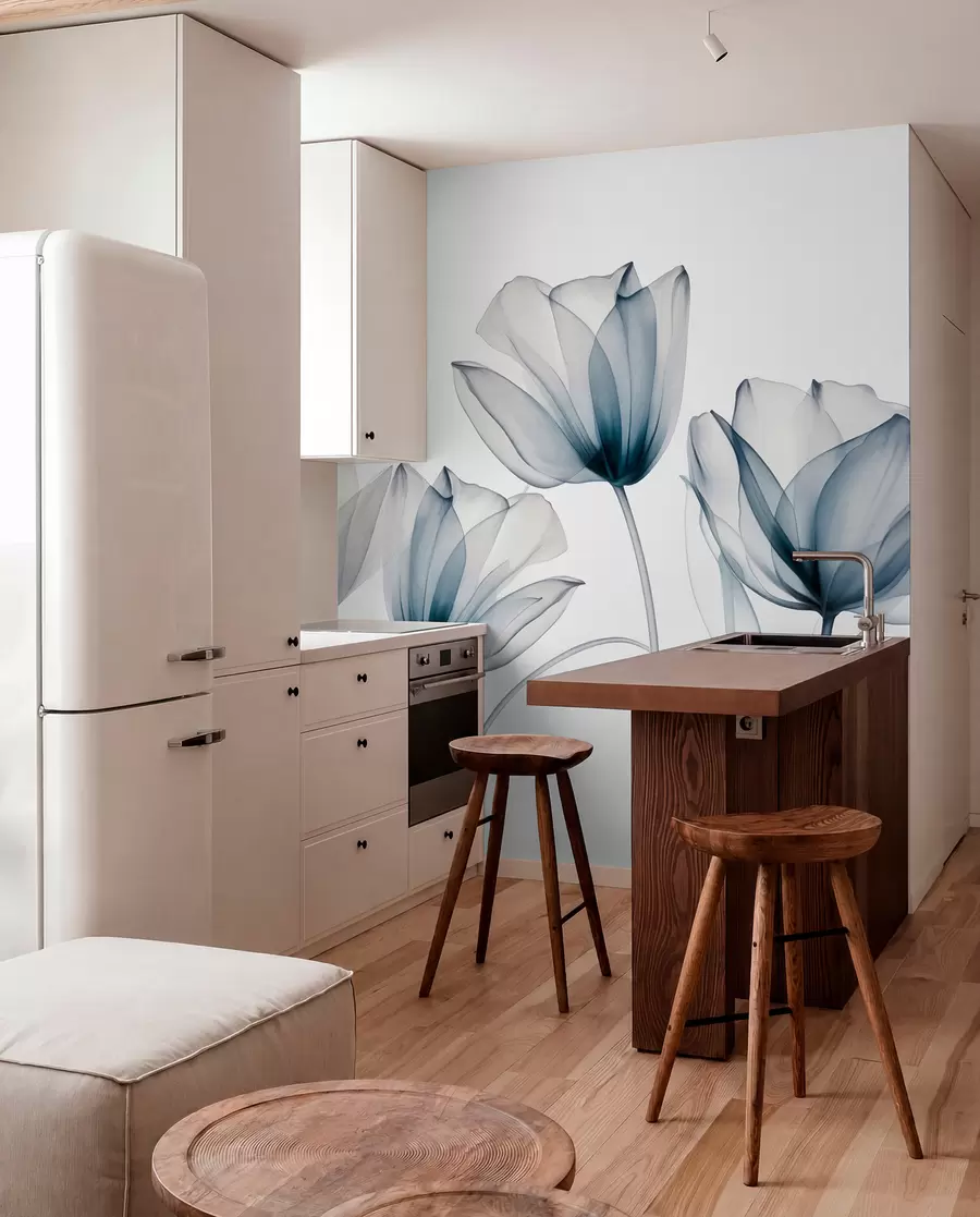 wall murals Translucent blue and white tulip flowers with long stems, against light background, delicate and textured floral art w09538