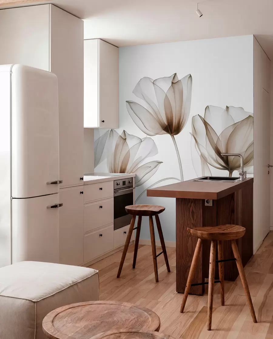 wall murals Translucent brown and white tulip flowers with long stems, against light background, delicate and textured floral art w09538v1