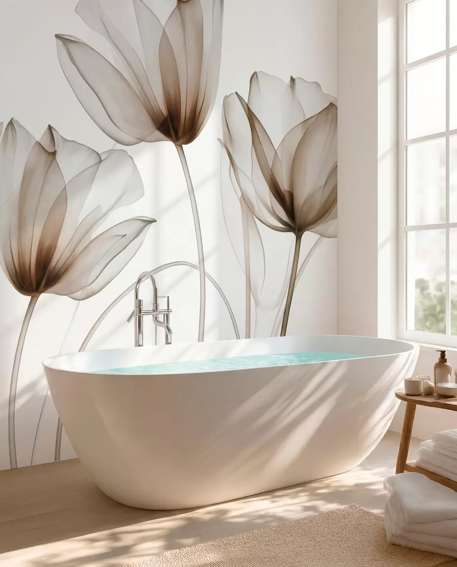 wall murals Translucent brown and white tulip flowers with long stems, against light background, delicate and textured floral art w09538v1