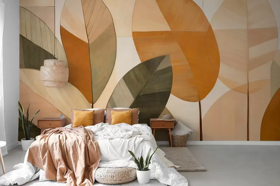 wall murals Abstract large leaves in shades of orange, brown and green, textured, arranged against a light background w09539