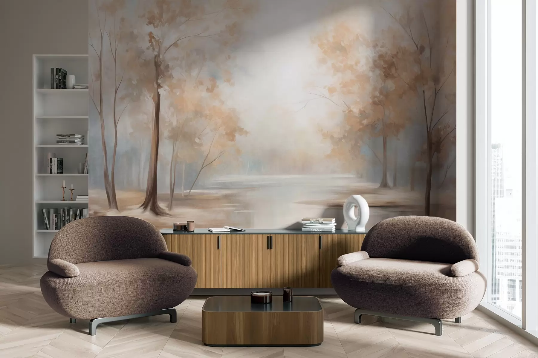 wall murals Autumn textured landscape with trees and a river, soft colors, light and airy atmosphere, peaceful and tranquil scene w09541