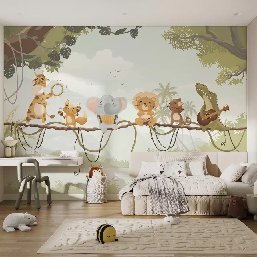 wall murals Animals with musical instruments against a tropical landscape w04505v1