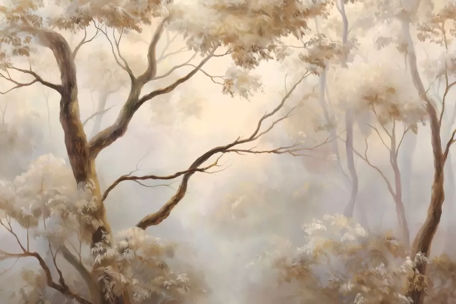 wall murals The forest in the light morning mist. A delicate atmospheric painting in the style of an artistic landscape w04817