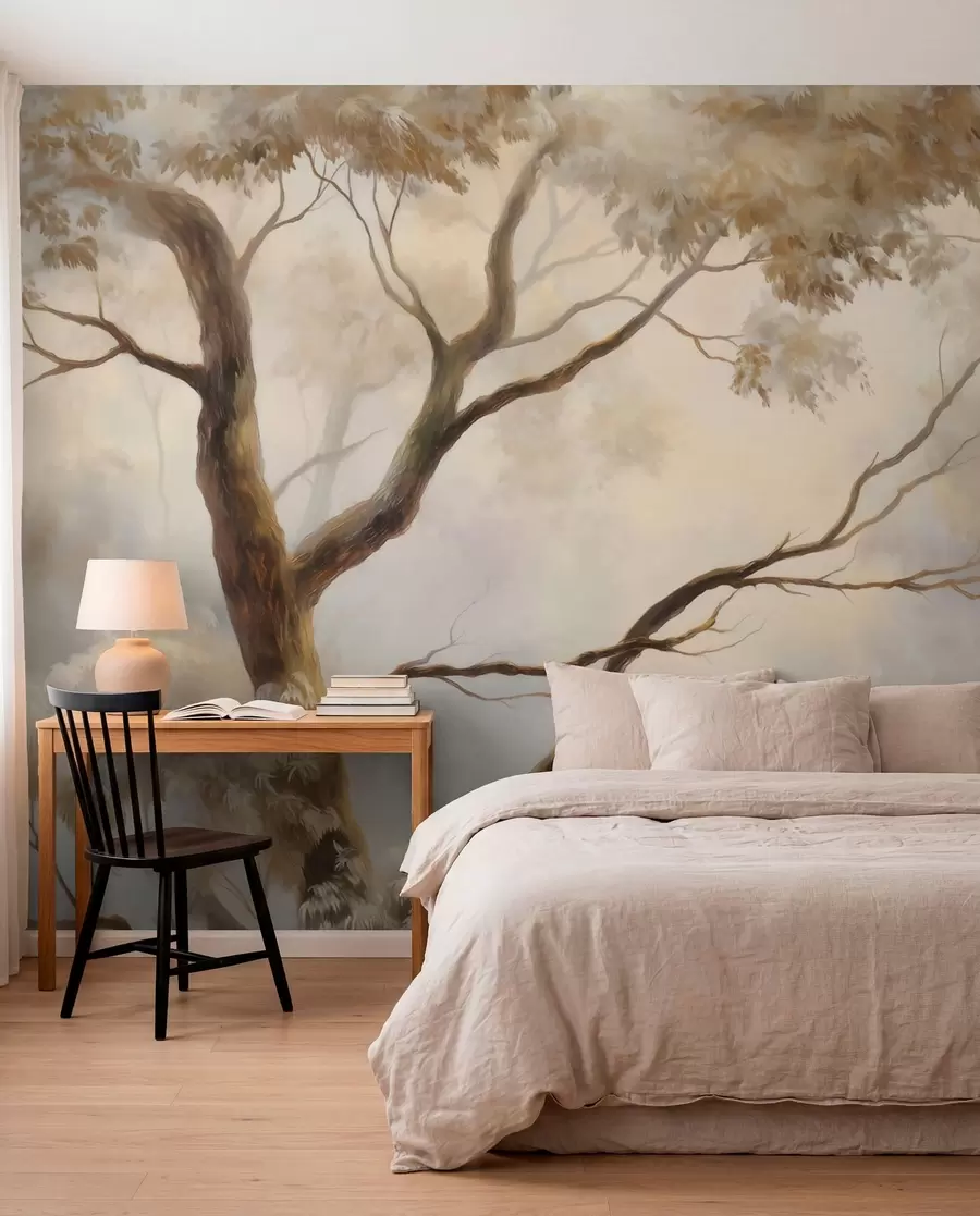 wall murals The forest in the light morning mist. A delicate atmospheric painting in the style of an artistic landscape w04817