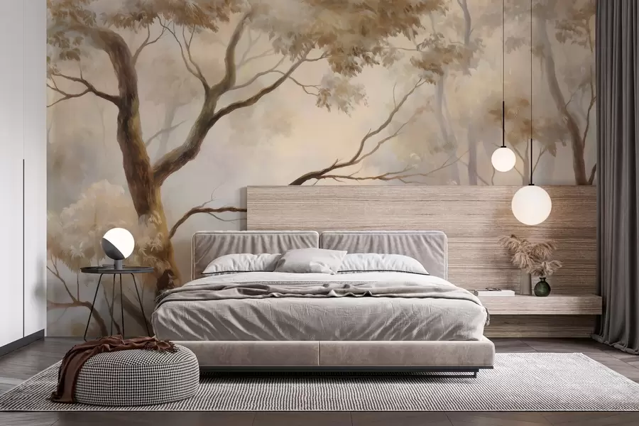 wall murals The forest in the light morning mist. A delicate atmospheric painting in the style of an artistic landscape w04817