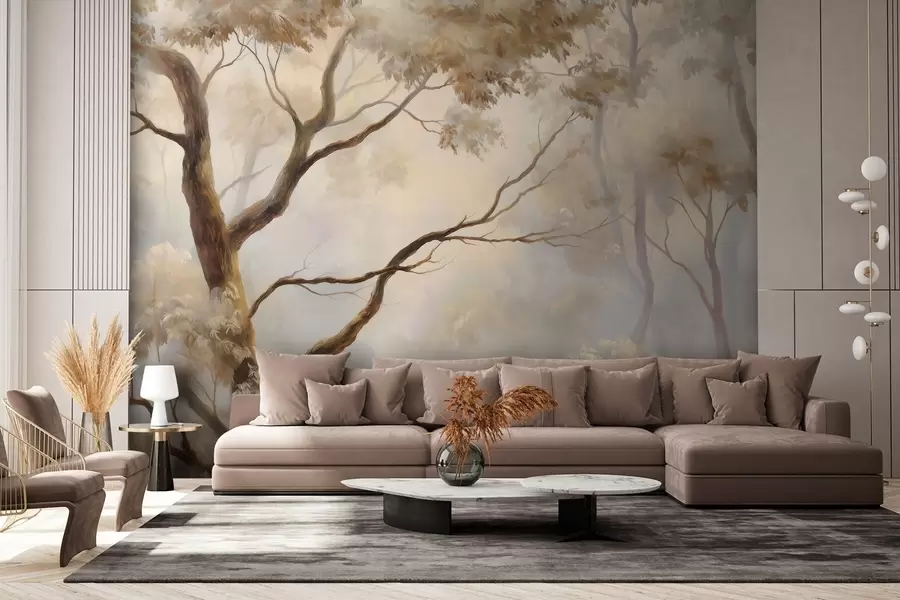 wall murals The forest in the light morning mist. A delicate atmospheric painting in the style of an artistic landscape. w04817