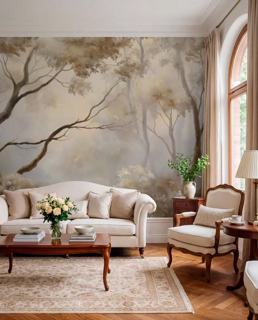 wall murals The forest in the light morning mist. A delicate atmospheric painting in the style of an artistic landscape w04817