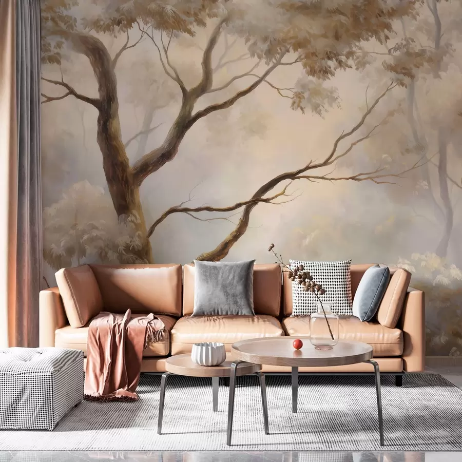 wall murals The forest in the light morning mist. A delicate atmospheric painting in the style of an artistic landscape. w04817