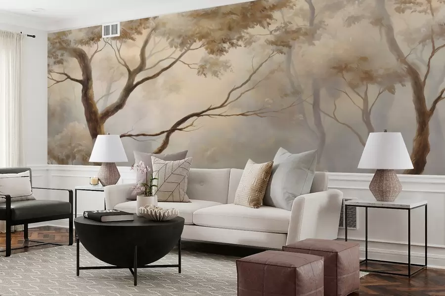 wall murals The forest in the light morning mist. A delicate atmospheric painting in the style of an artistic landscape w04817