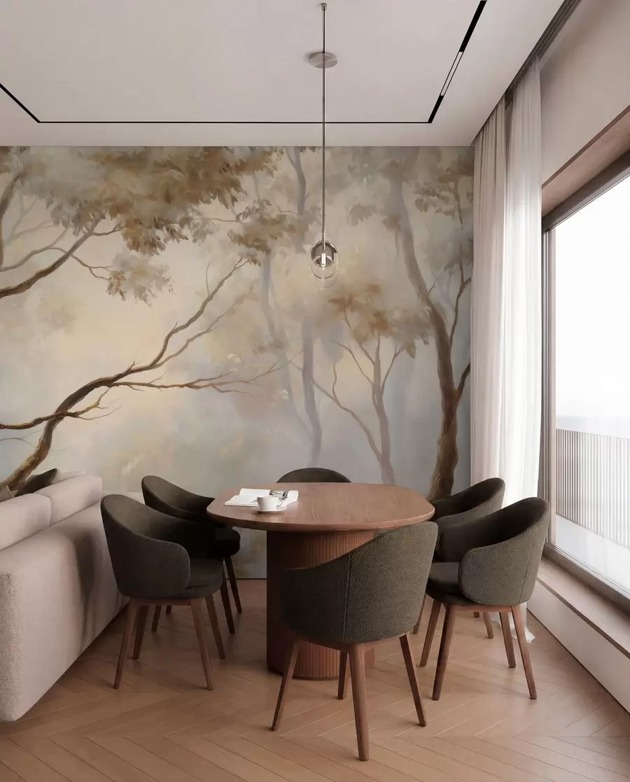 wall murals The forest in the light morning mist. A delicate atmospheric painting in the style of an artistic landscape w04817