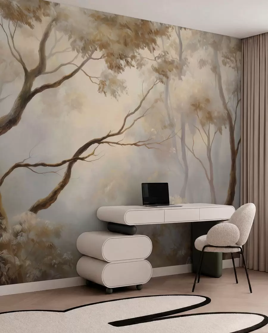 wall murals The forest in the light morning mist. A delicate atmospheric painting in the style of an artistic landscape w04817