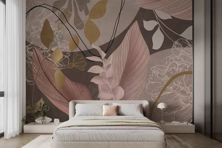 wall murals Abstract floral print with large leaves in shades of muted pink and brown with thin black lines and white floral outlines w09544