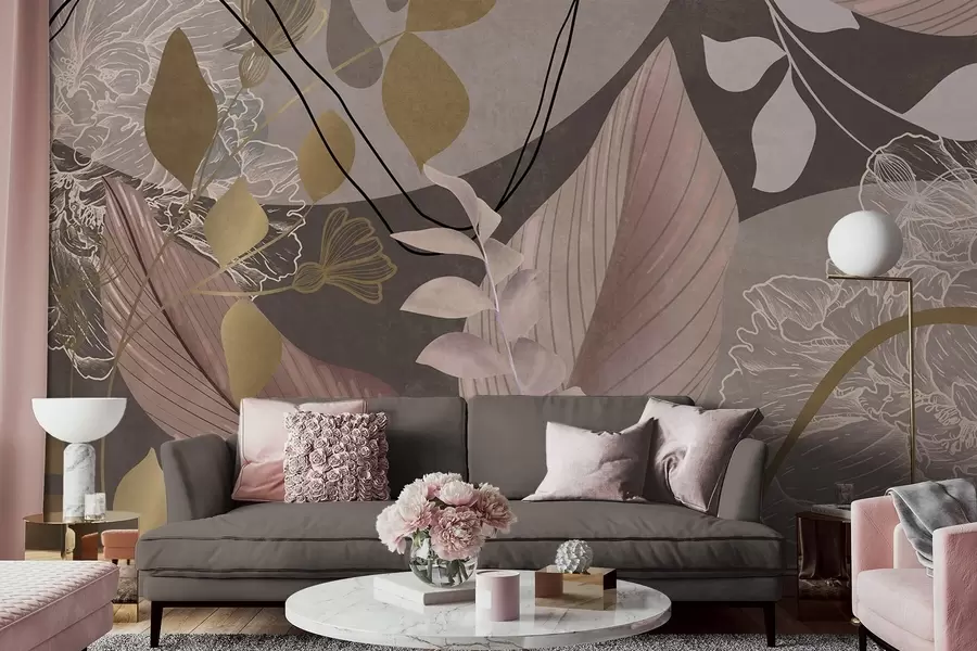 wall murals Abstract floral print with large leaves in shades of muted pink and brown with thin black lines and white floral outlines w09544