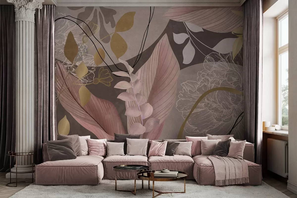 wall murals Abstract floral print with large leaves in shades of muted pink and brown with thin black lines and white floral outlines w09544