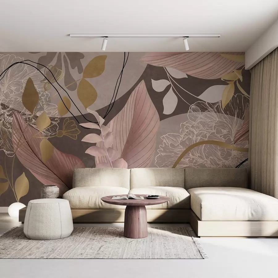 wall murals Abstract floral print with large leaves in shades of muted pink and brown with thin black lines and white floral outlines w09544
