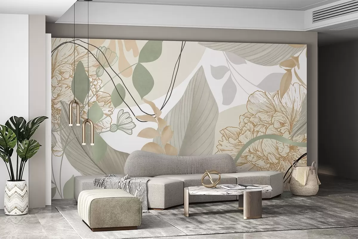 wall murals Abstract floral print with large leaves in shades of muted green and yellow with thin black lines and white floral outlines w09544v2