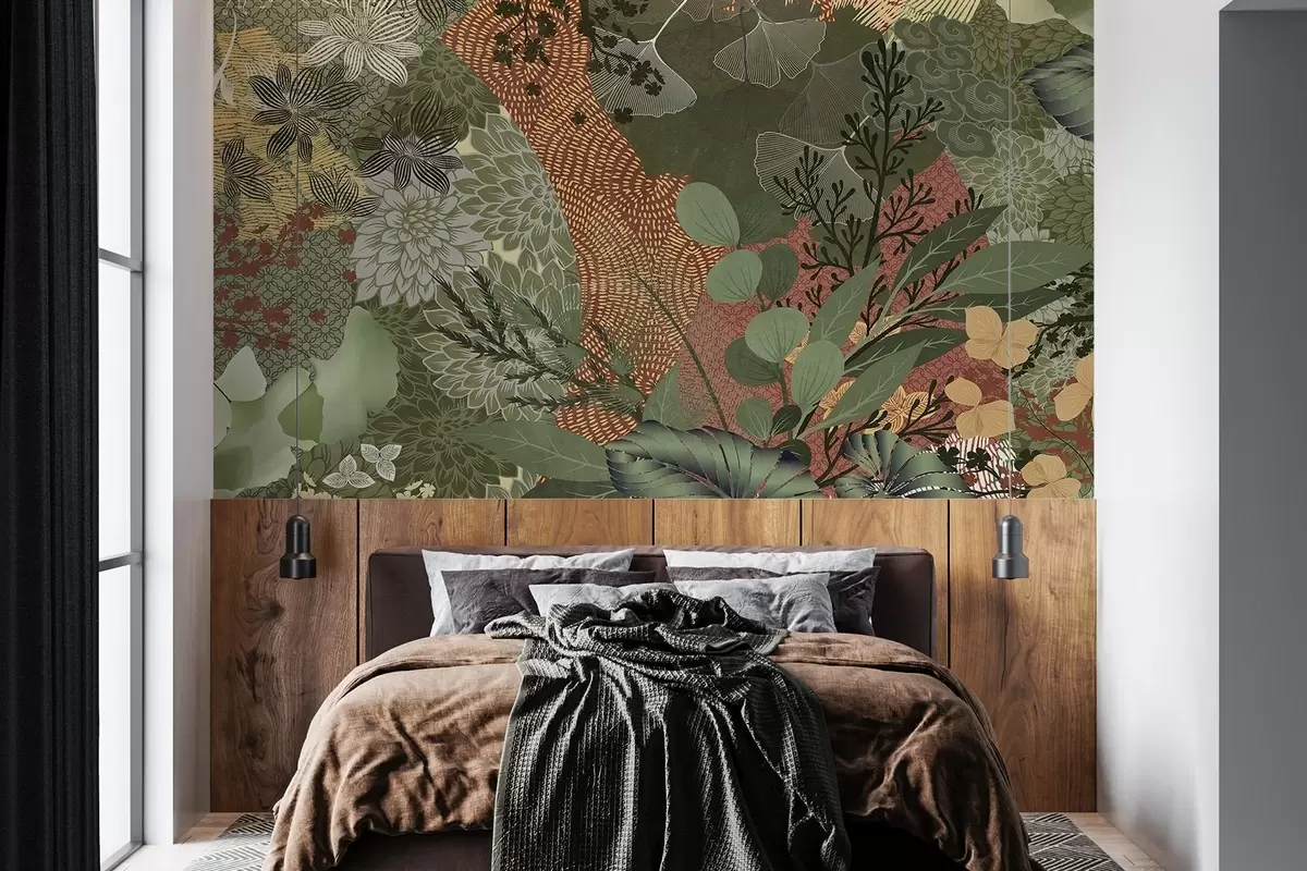 wall murals Abstract textured collage of botanical elements with leaves, flowers, and organic textures, in shades of green, brown w09545