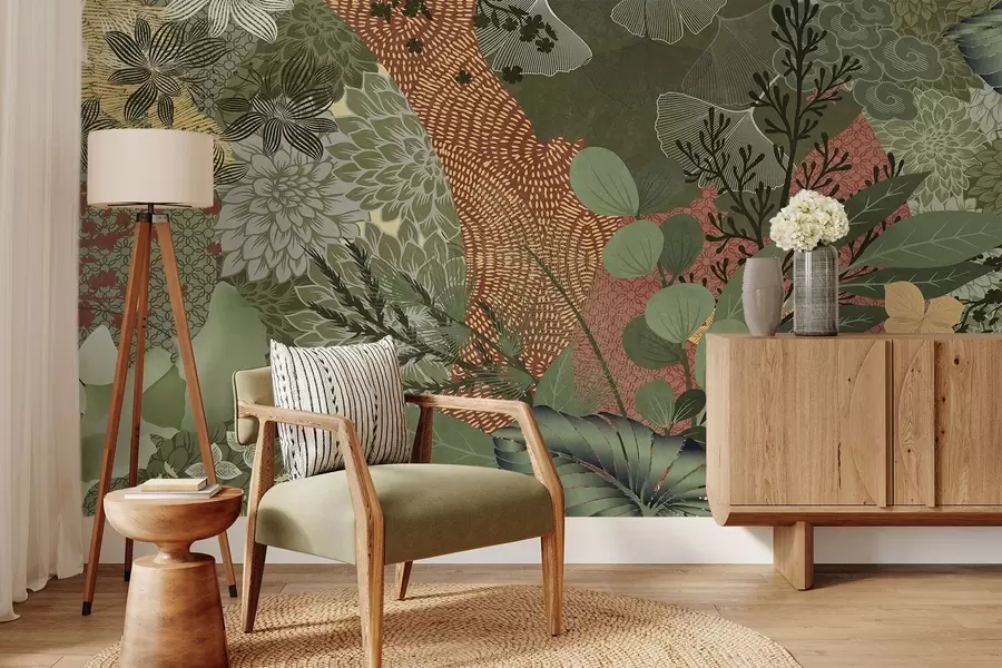 wall murals Abstract textured collage of botanical elements with leaves, flowers, and organic textures, in shades of green, brown w09545