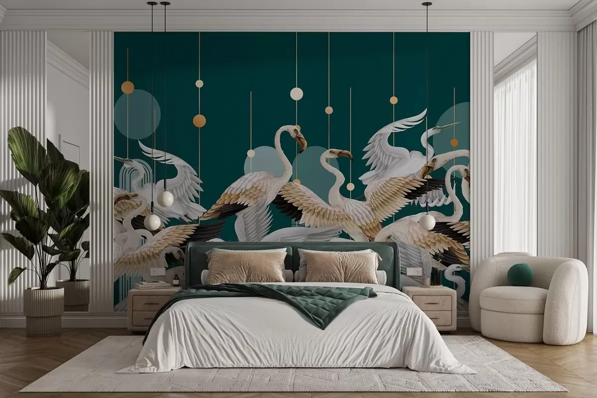 wall murals A flock of white flamingos with delicate wings, against a dark teal background with yellow lines and circles w09546