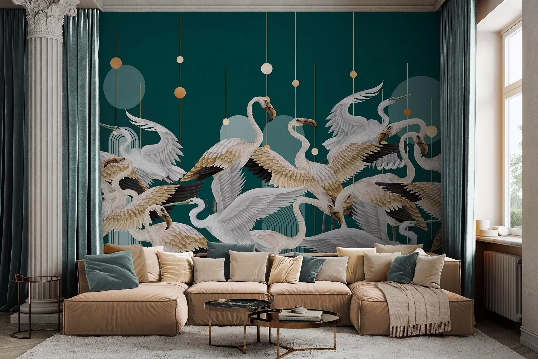 wall murals A flock of white flamingos with delicate wings, against a dark teal background with yellow lines and circles w09546