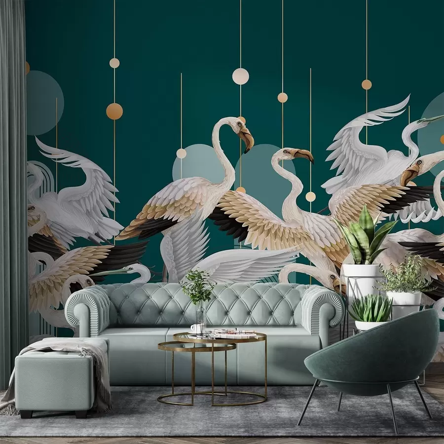 wall murals A flock of white flamingos with delicate wings, against a dark teal background with yellow lines and circles w09546