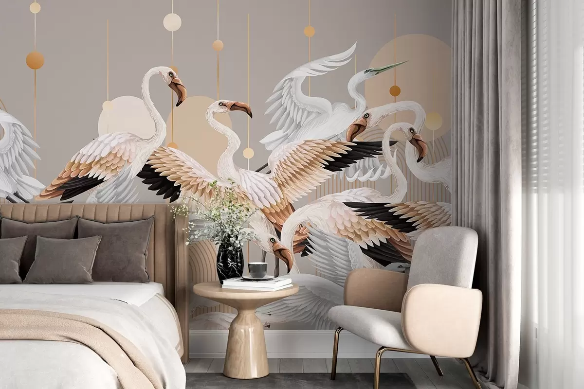 wall murals A flock of white flamingos with delicate wings, against a neutral background with yellow lines and circles w09546v1