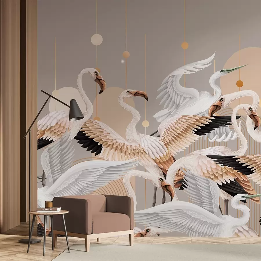 wall murals A flock of white flamingos with delicate wings, against a neutral background with yellow lines and circles w09546v1