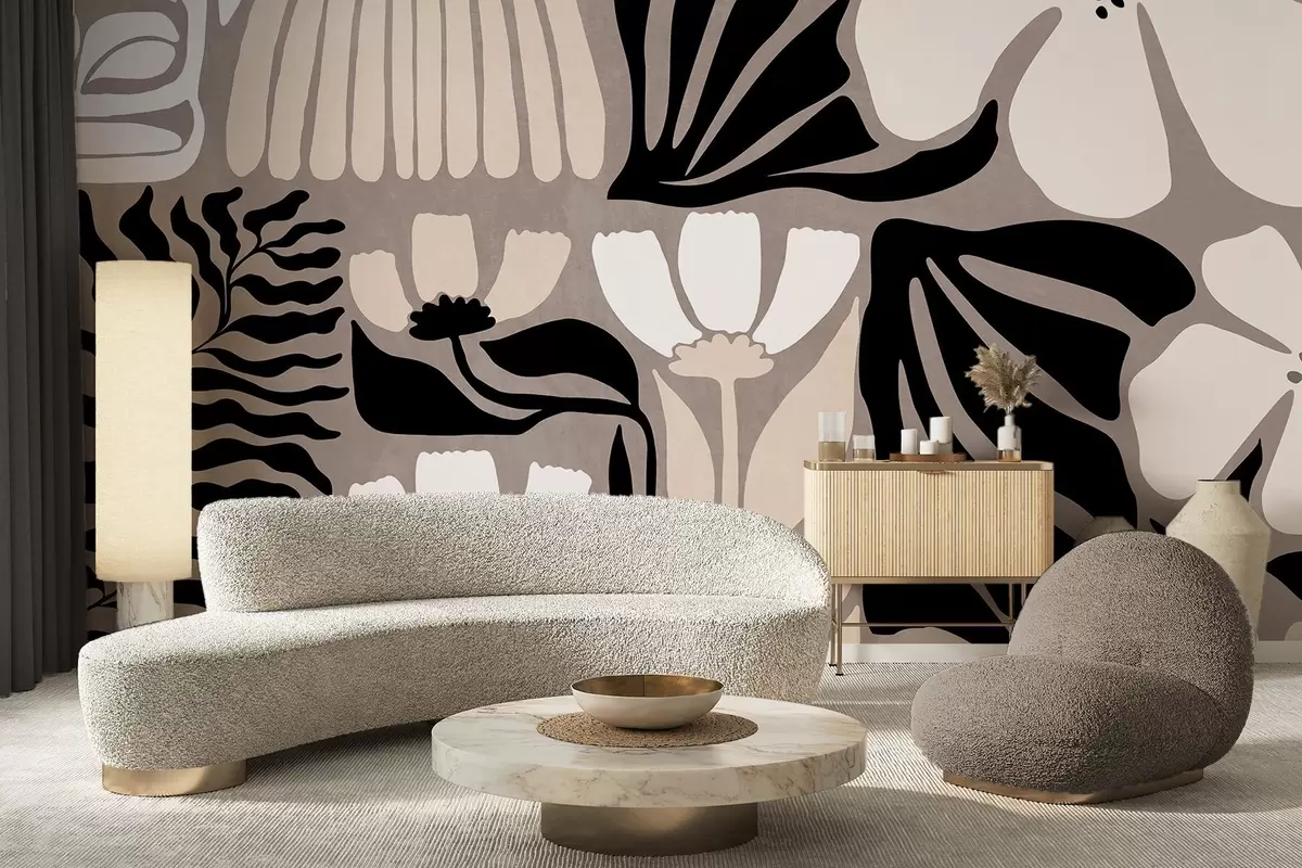 wall murals Modern minimalist stylized flowers and leaves in beige, black and white, textured on a gray background w09547