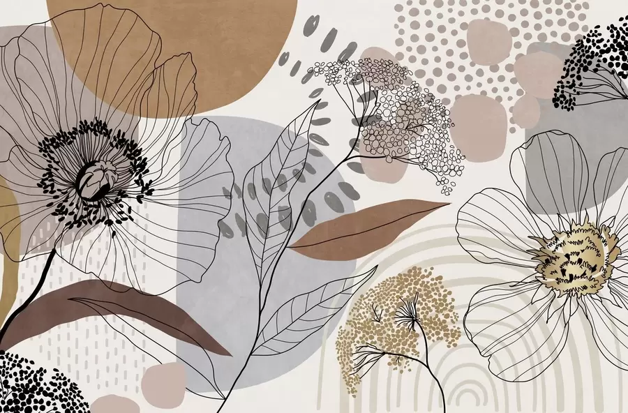 wall murals Abstract floral textured print with line art flowers, leaves and organic shapes in muted brown, beige and gray tones w09548