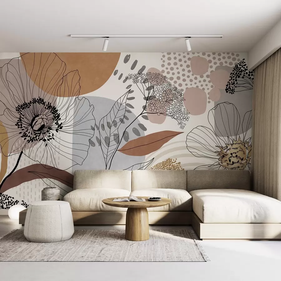 wall murals Abstract floral textured print with line art flowers, leaves and organic shapes in muted brown, beige and gray tones w09548