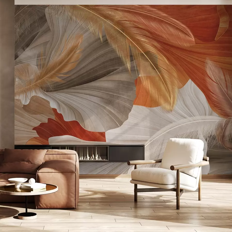 wall murals Abstract textured large flowing shapes in cream and rust colors with delicate, yellow, beige and brown feathers w09549