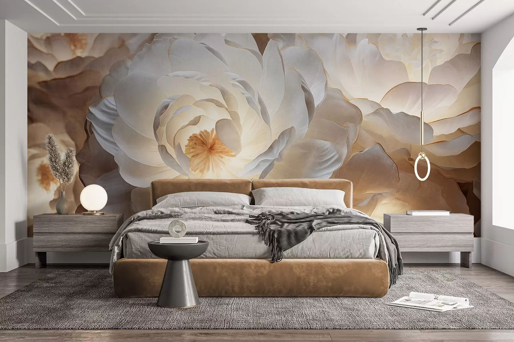 wall murals Large, white fantasy peony flowers with yellow centers, soft lighting, and delicate, textured layered petals w09550